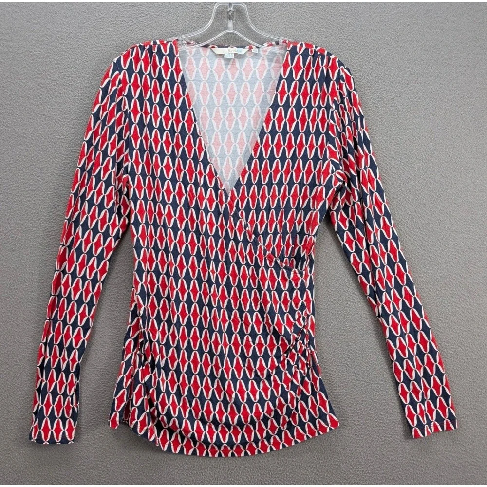 Boden Women's Long Sleeve Wrap Blouse Top Geometric Jersey Knit Navy Red Size 10 - Picture 4 of 11